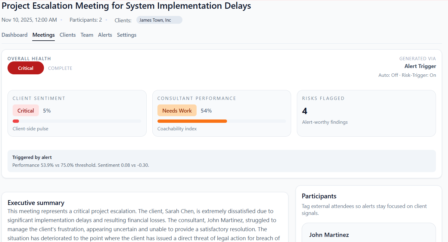 Detailed meeting insight showing speaker, promise tracking, and objections