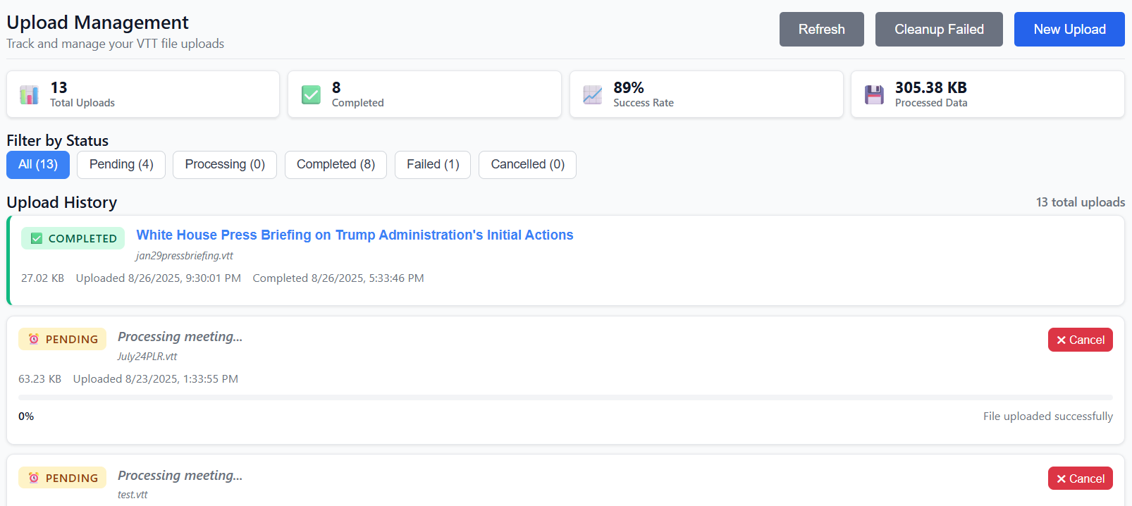 Upload Management Dashboard